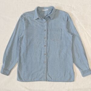 Foxcroft Women's Button Down Shirt Cotton Collared Denim Long Sleeve Blue Siz 10